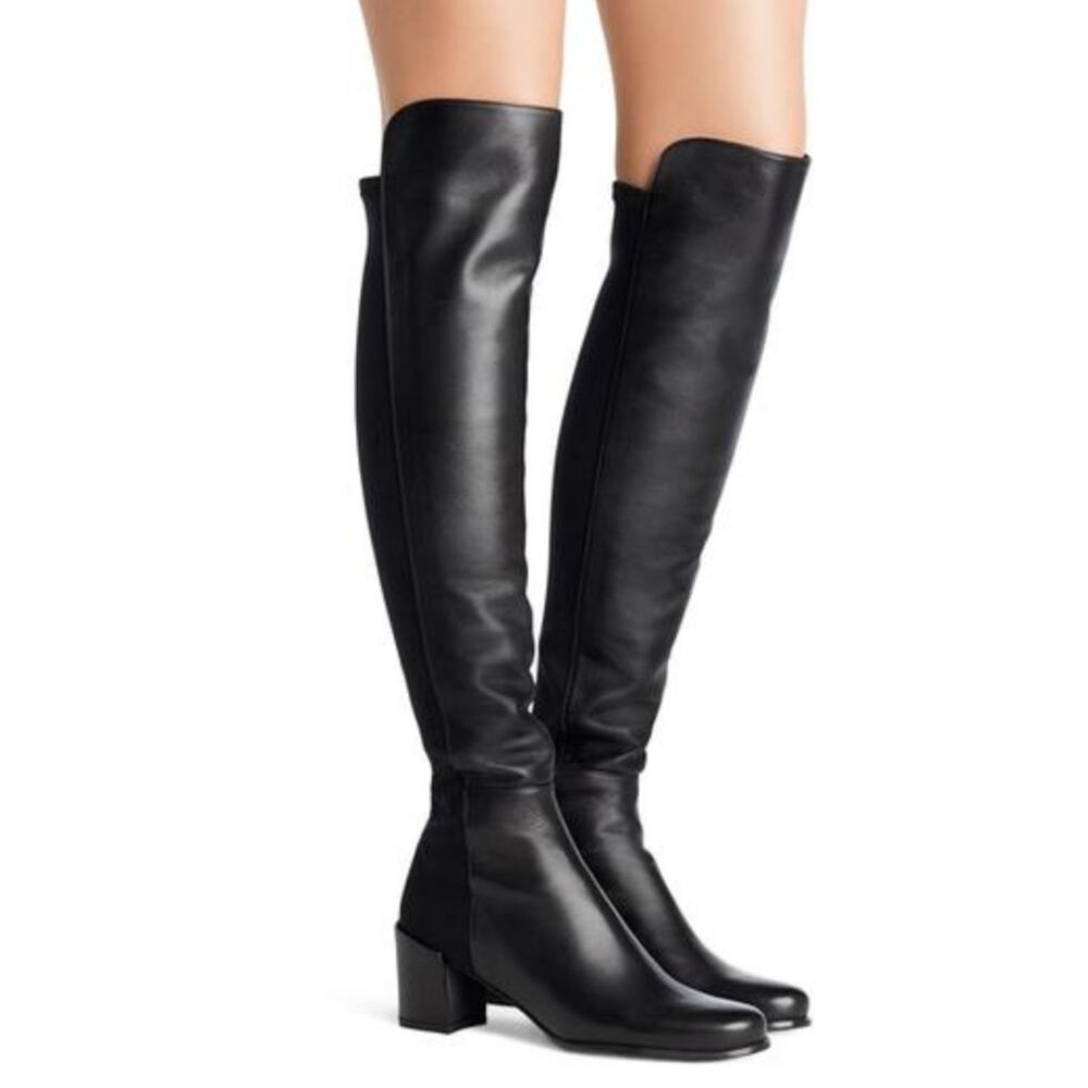Stuart Weitzman 5050 City Block OTK Boots Black Suede Stretch Block Heel 7